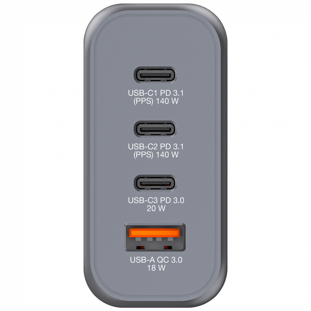 140W 4-Bağlantı Noktalı GaN Duvar Şarj Cihazı 2 x USB-C® PD 140W / 1 x USB-C® PD 20W / 1 x USB-A QC 3.0 (AB/BK/ABD)