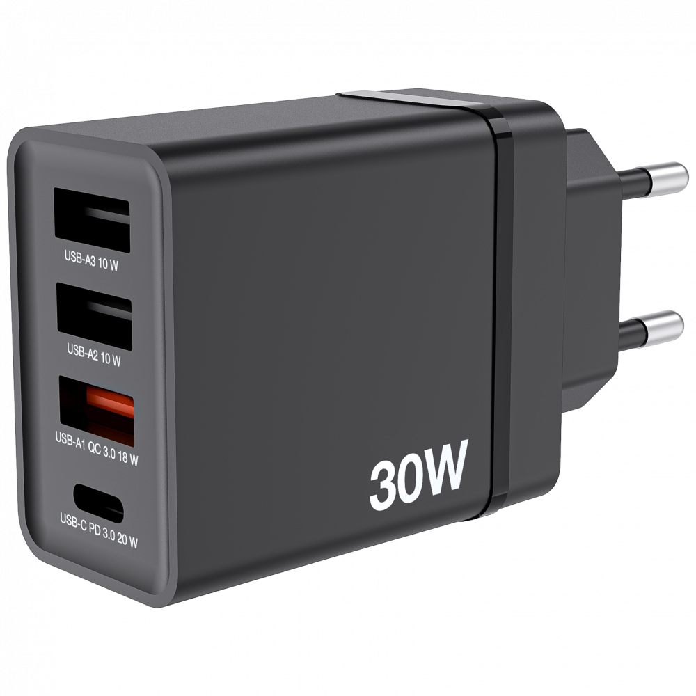 30W 4 Bağlantı Noktalı USB Duvar Şarj Cihazı - Siyah 1 x USB-C® PD 20W / 1 x USB-A QC 3.0 / 2 x USB-A 10W (AB)