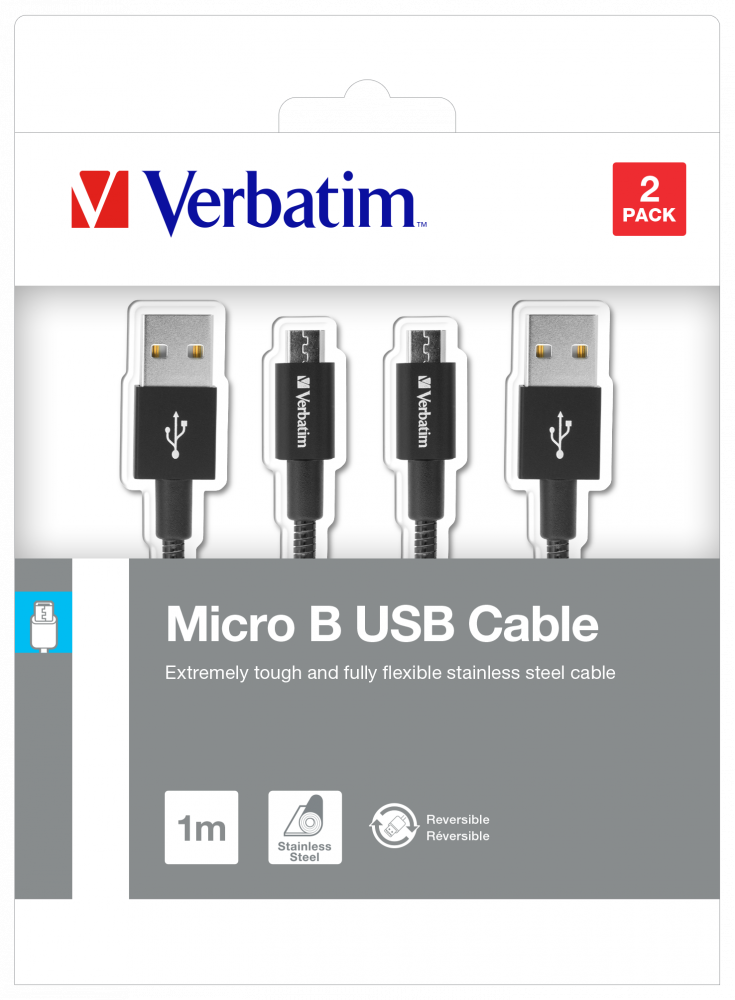 Micro USB Sync & Charge Cable 100cm Black - 2 Pack