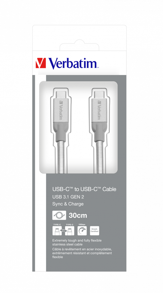 Verbatim USB-C'den USB-C'ye Paslanmaz Çelik Senkronizasyon ve Şarj Kablosu USB 3.1 GEN 2 30 cm
